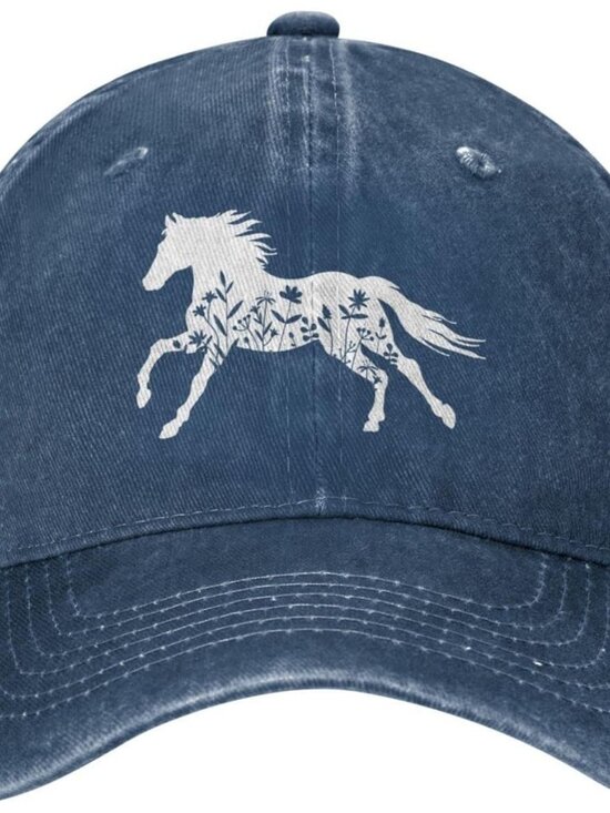 Women\'s Floral and Horse Hat Adjustable Washed Vintage Baseball Cap Navy main image 7